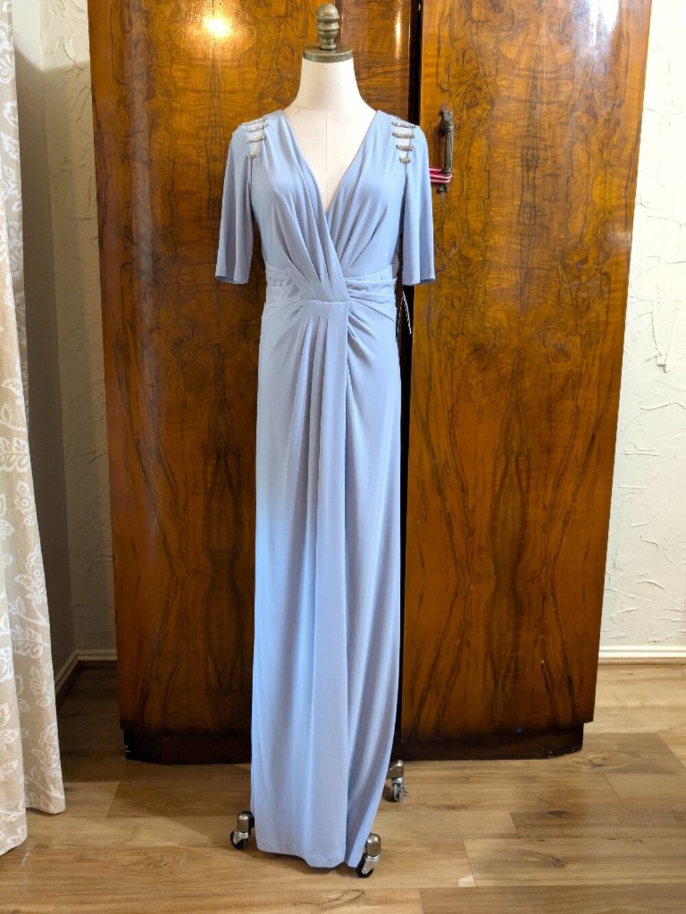 NWT Adrianna Papell Pastel Blue Gown Size 6 Elegant Draped Grecian Maxi Dress